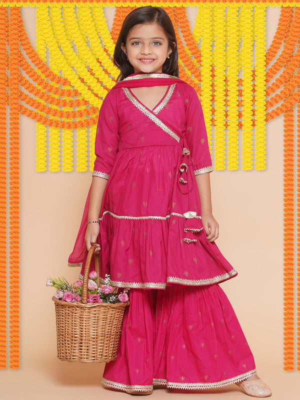 Girls Pink Ethnic Motifs Printed  Angrakha Gotta Patti Kurta With Sharara  & Dupatta | WomensFashionFun