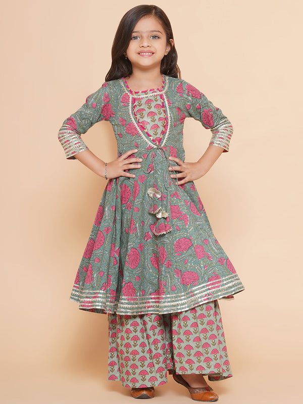 Girls Green Printed Round Neck Kurta With Sharara | WomensFashionFun