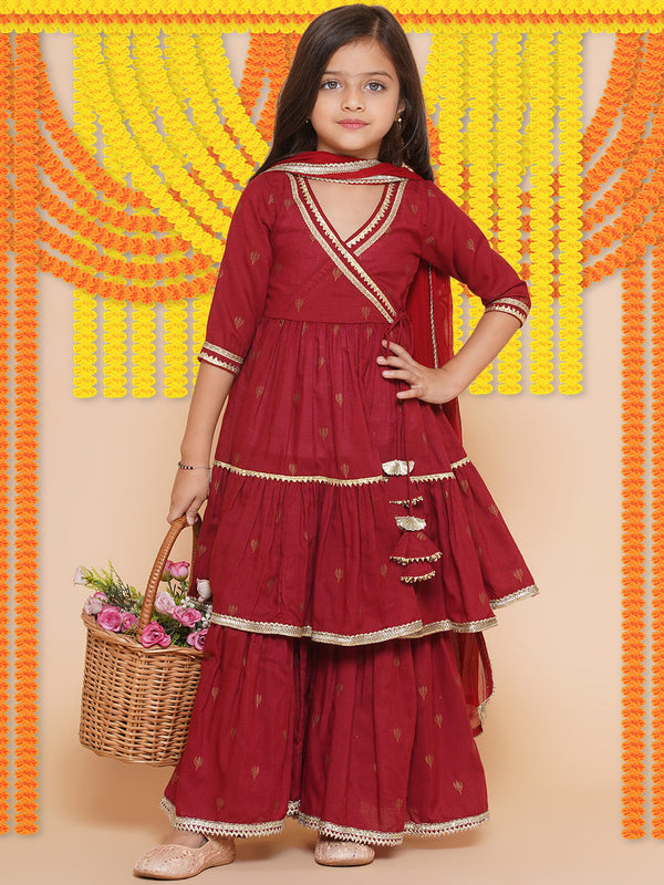 Girls Maroon Ethnic Motifs Printed Angrakha Gotta Patti Kurta Sharara & Dupatta | WomensFashionFun