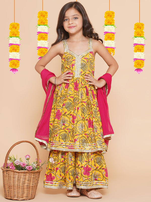 Girls Yellow Floral Printed Cotton Kurta With Sharara With  Dupatta | WomensFashionFun