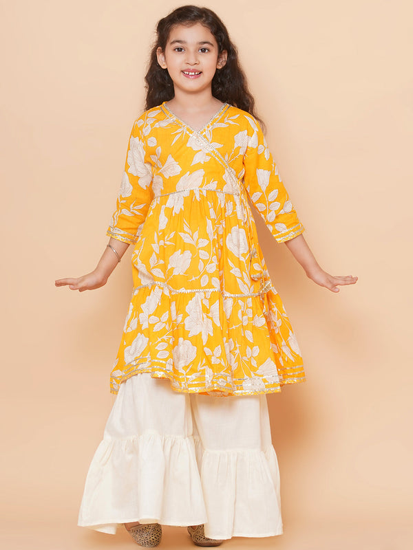 Girls Yellow Floral Printed Angrakha Gotta Patti Kurta With Sharara | WomensFashionFun