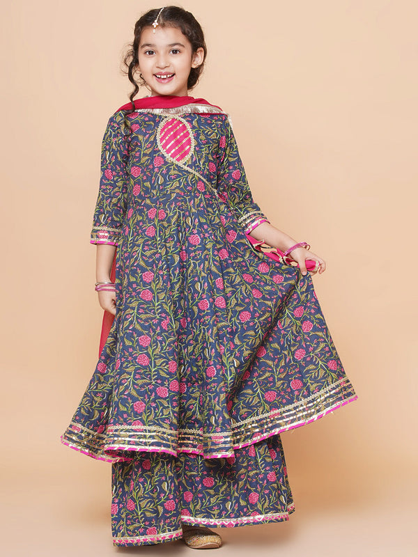 Girls Blue Floral Printed Angrakha Gotta Patti Kurta Sharara Set With Dupatta | WomensFashionFun