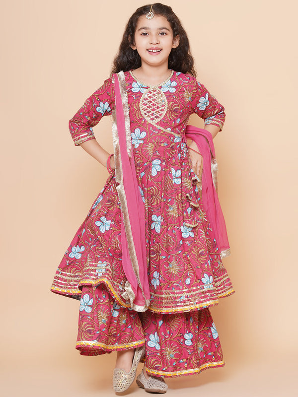 Girls Peach Floral Printed Angrakha Gotta Patti Kurta & Sharara Set With Dupatta | WomensFashionFun