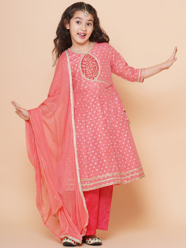 Girls Peach Self Design Booti Angrakha Gotta Patti Kurta & With Trouser  & Dupatta | WomensFashionFun