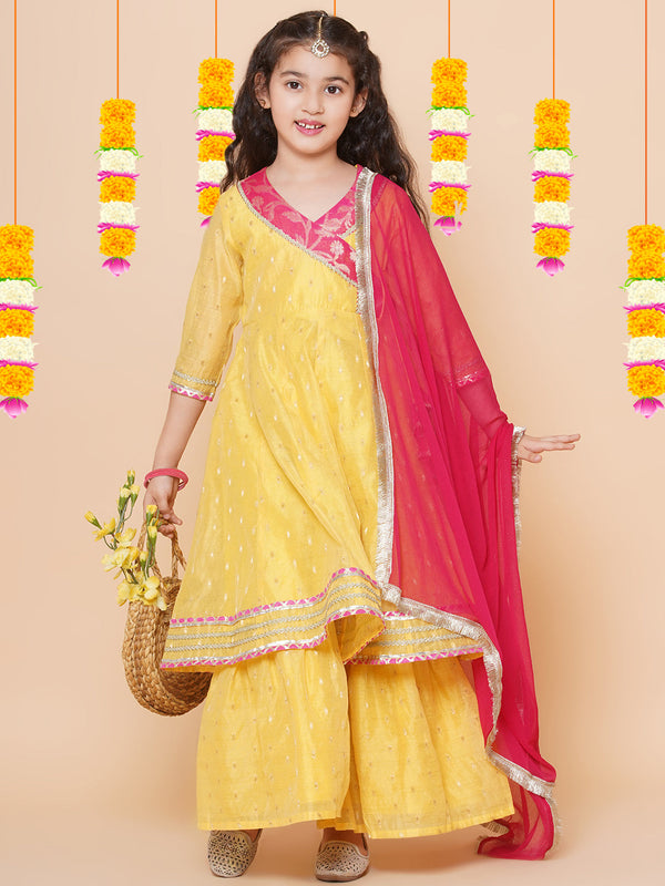 Girls Yellow Self Design Angrakha Gotta Patti Kurta & Sharara Set With Dupatta | WomensFashionFun