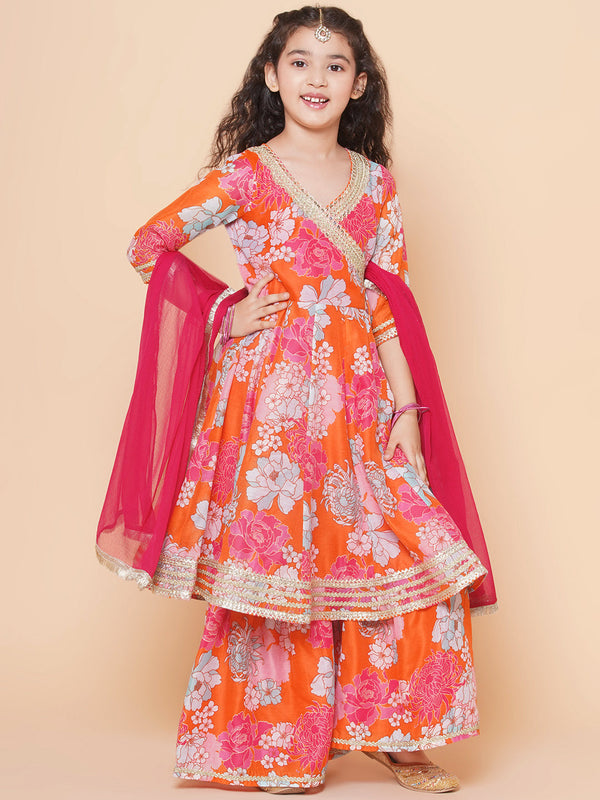 Girls Orange Multi Floral Printed Angrakha Gotta Patti Kurta & Sharara With Dupatta | WomensFashionFun