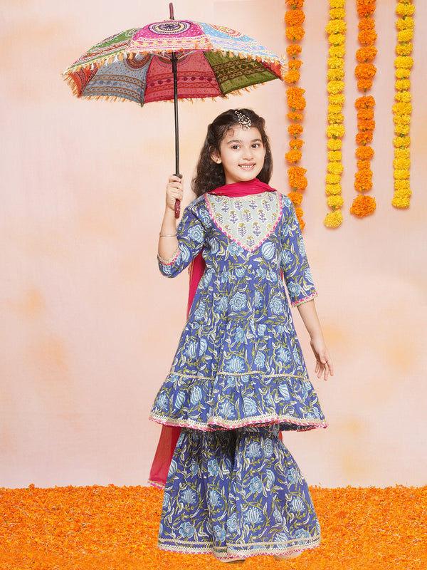 Girls Blue Floral Printed Round- Neck Kurta With Sharara With Dupatta | WomensFashionFun