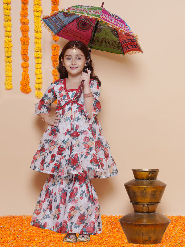 Girls Red Rose Printed Kurta With Sharara | WomensFashionFun