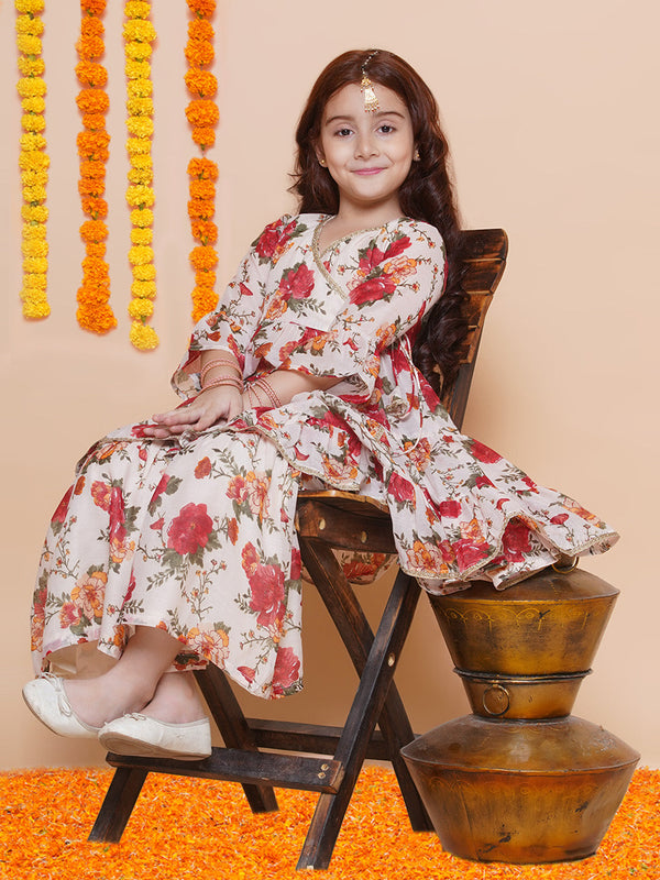 Girls Off White Red Printed Angrakha Kurta With Sharara | WomensFashionFun