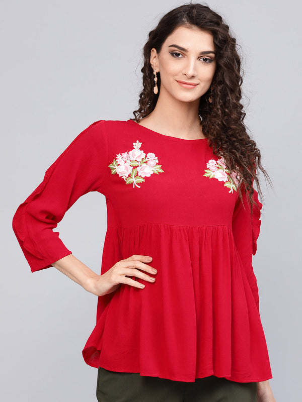 Women Red Solid A-Line Pure Cotton Top | WomensfashionFun.com