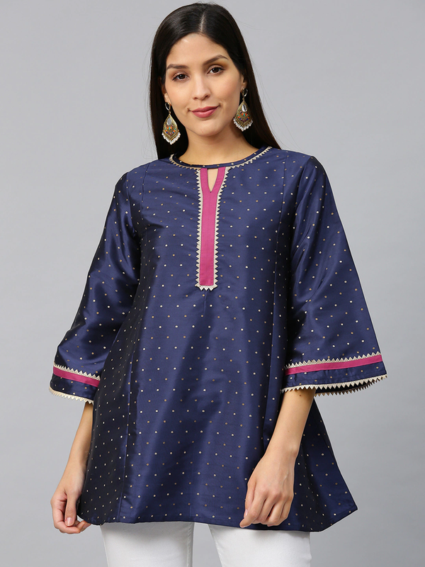 Navy Blue & Golden Woven Design Silk A-Line Tunic | WomensfashionFun.com