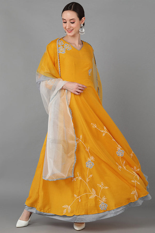 Mustard Silk Blend Flared Kurta With Dupatta | WomensFashionFun.com