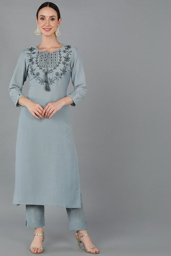 Blue Silk Blend Solid Yoke Design Straight Kurta | WomensFashionFun.com