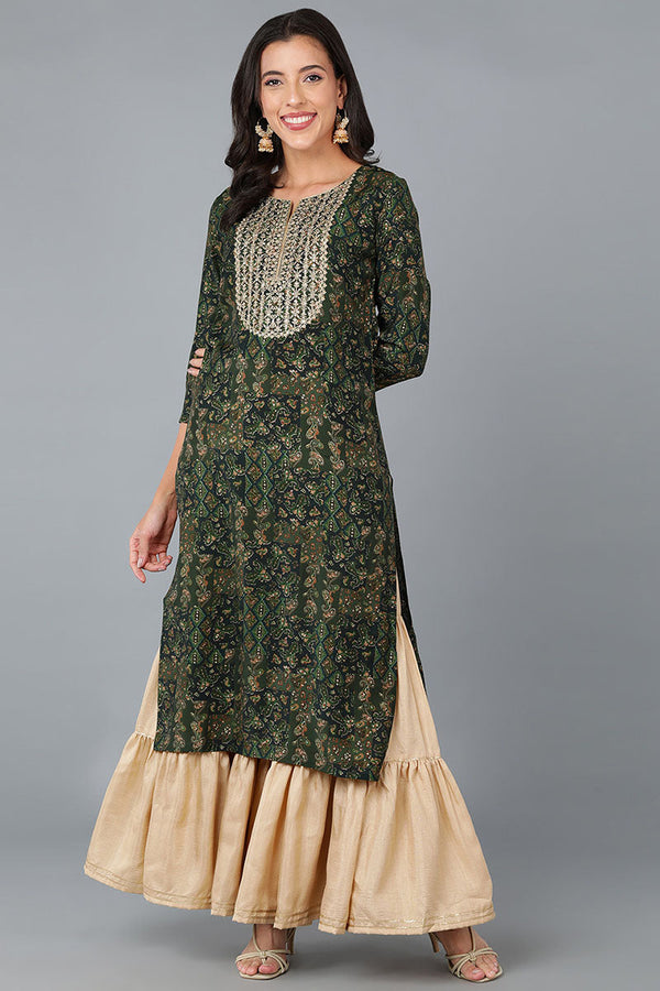 Green Silk Blend Abstract Yoke Design Straight Kurta | WomensFashionFun.com