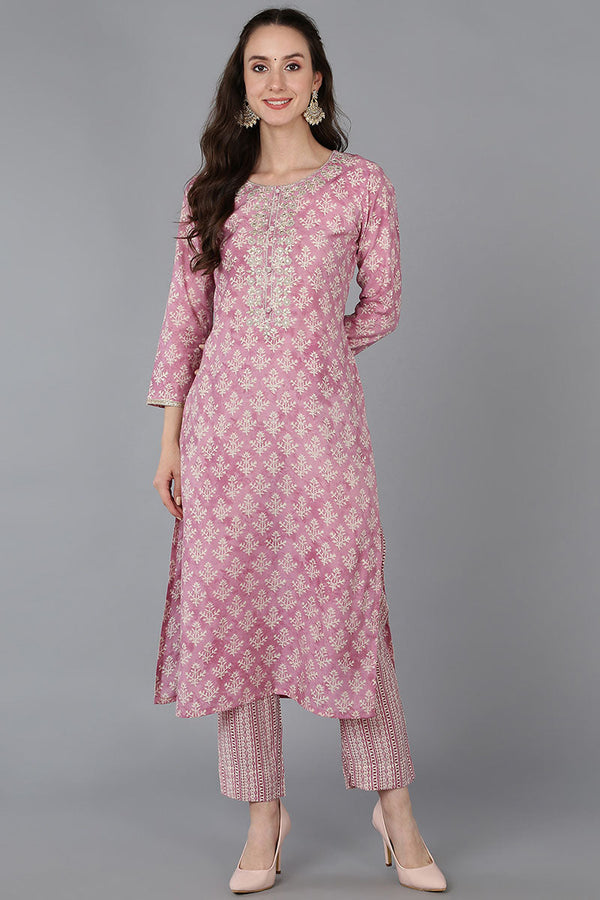 Pink Silk Blend Ethnic Motifs Embroidered Straight Kurta | WomensFashionFun.com