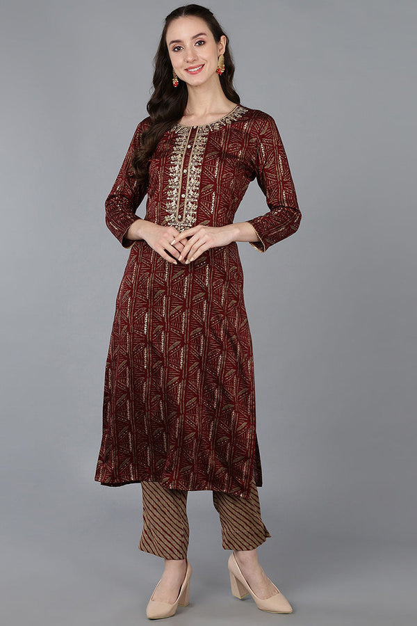 Maroon Silk Blend Ethnic Motifs Embroidered Straight Kurta | WomensFashionFun.com