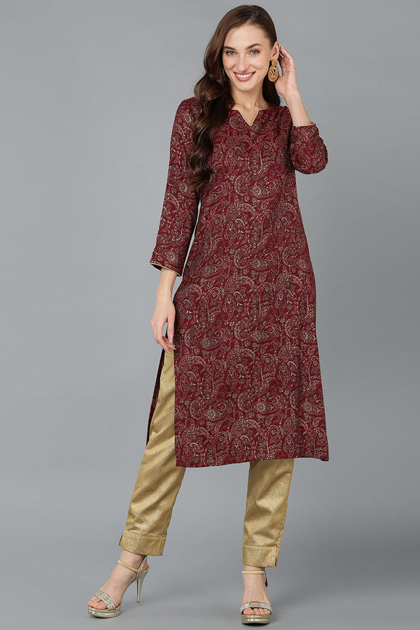 Maroon Silk Blend Paisley Straight Kurta | WomensFashionFun.com