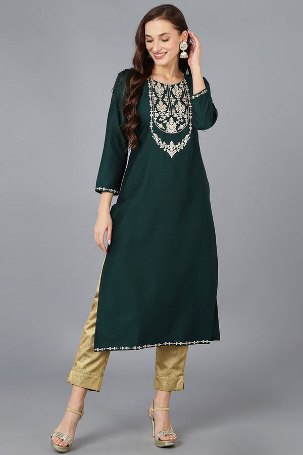 Green Silk Blend Solid Embroidered Straight Kurta | WomensFashionFun.com