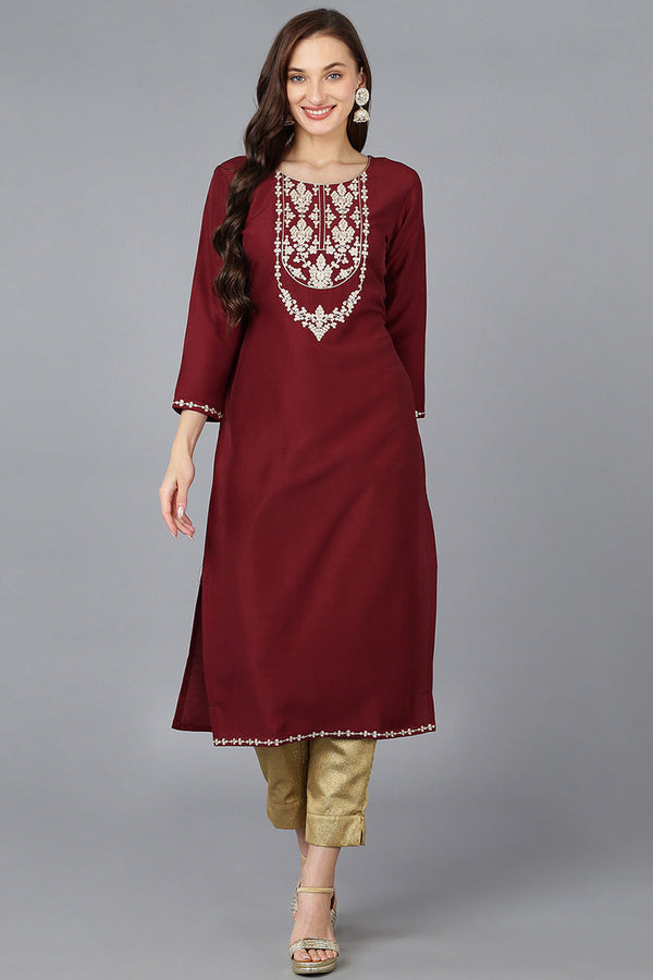 Maroon Silk Blend Solid Embroidered Straight Kurta | WomensFashionFun.com