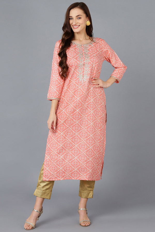 Peach Silk Blend Bandhani Embroidered Straight Kurta | WomensFashionFun.com