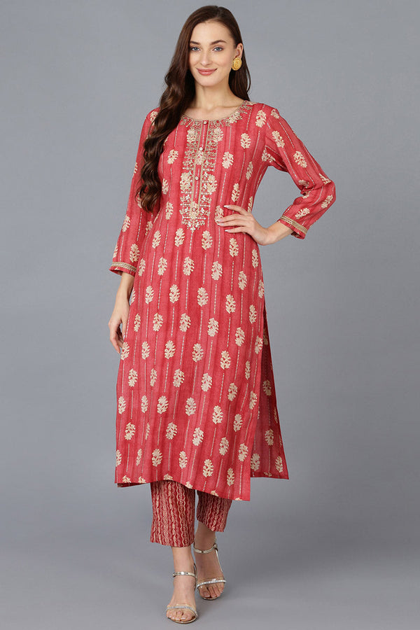 Red Silk Blend Abstract Embroidered Straight Kurta | WomensFashionFun.com