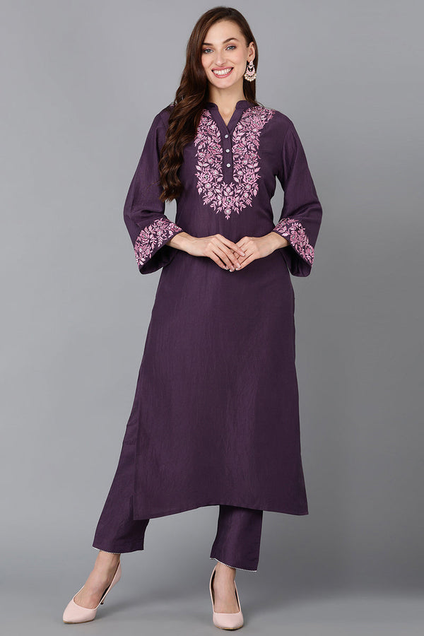 Purple Silk Blend Embroidered Kurta | WomensFashionFun.com