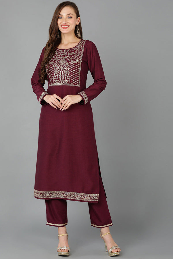 Maroon Silk Blend Straight Kurta | WomensFashionFun.com