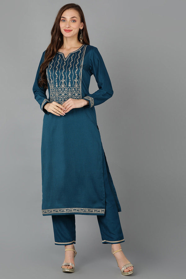 Teal Silk Blend Straight Kurta | WomensFashionFun.com