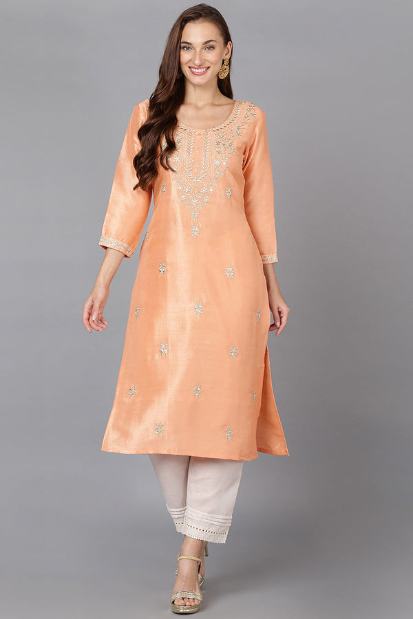 Peach Silk Blend Straight Kurtas | WomensFashionFun.com