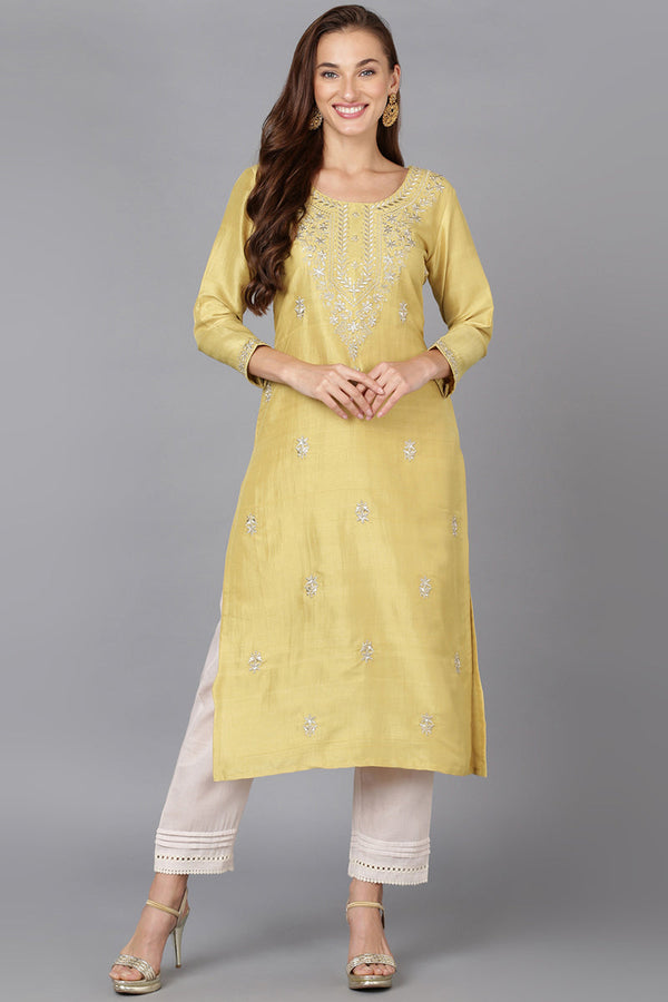 Yellow Silk Blend Straight Kurtas | WomensFashionFun.com