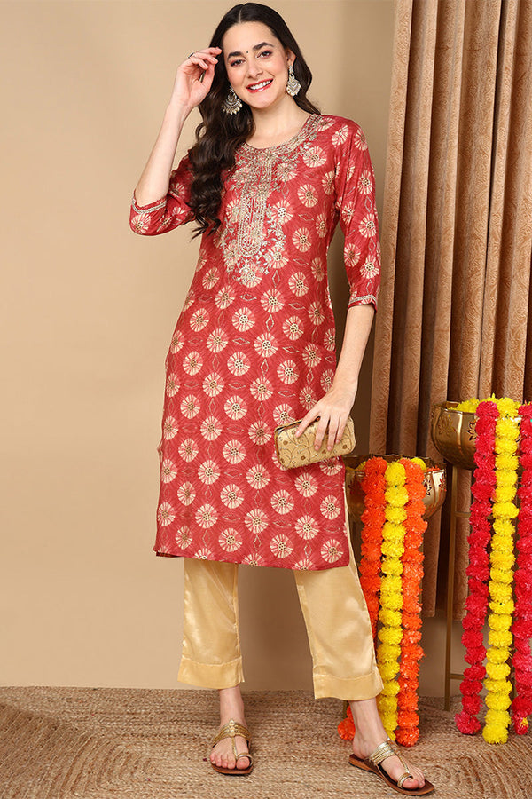 Rust Red Silk Blend Ethnic Motifs Printed Straight Kurta | WomensFashionFun.com