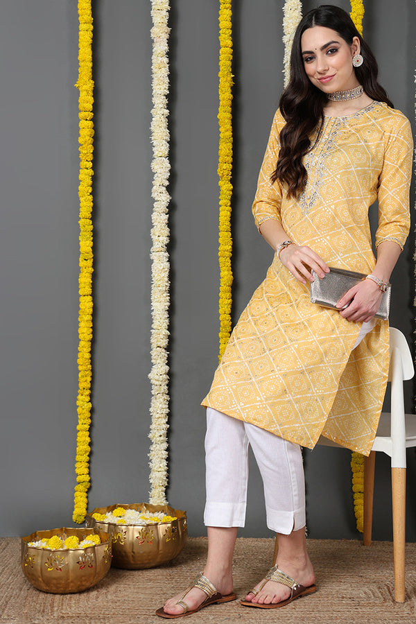 Yellow Cotton Blend Bandhani Printed Straight Kurta | WomensFashionFun.com