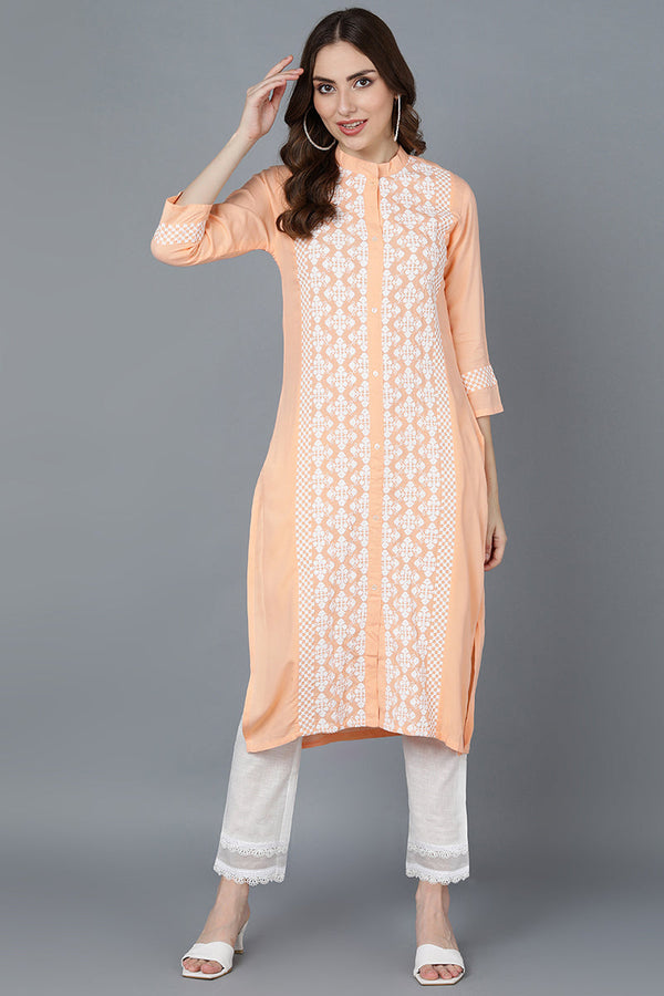 Peach Poly Silk Thread Embroidered Straight Kurti | WomensFashionFun.com