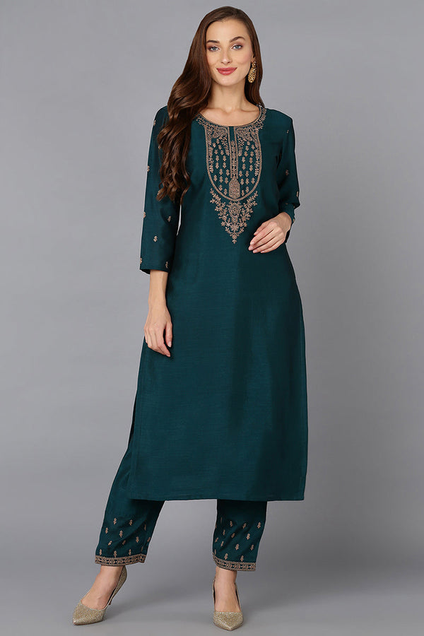 Silk Blend Bottle Green Embroidered Kurta With Pant | WomensFashionFun.com