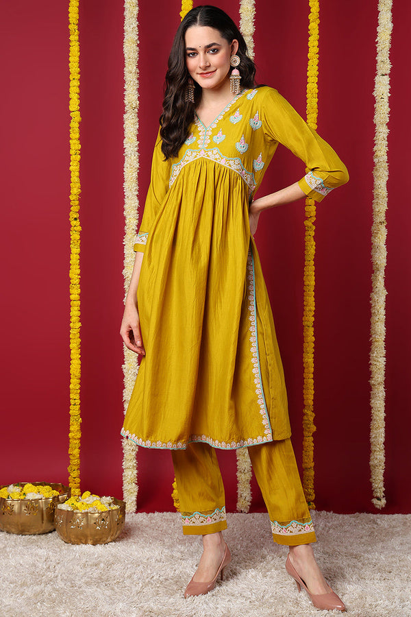 Yellow Silk Blend Solid Embroidered Flared Kurta Set | WomensFashionFun.com