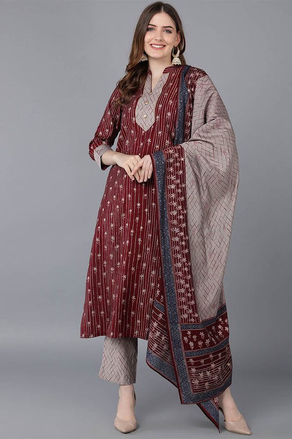 Maroon Poly Silk Straight Kurta Pant With Dupatta | WomensFashionFun.com