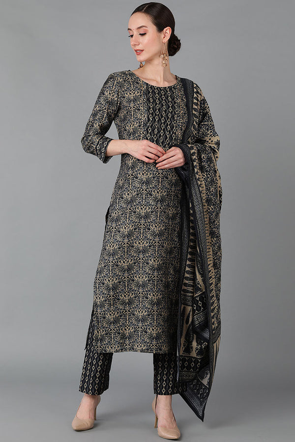 Black Silk Blend Straight Kurta Pant With Dupatta | WomensFashionFun.com