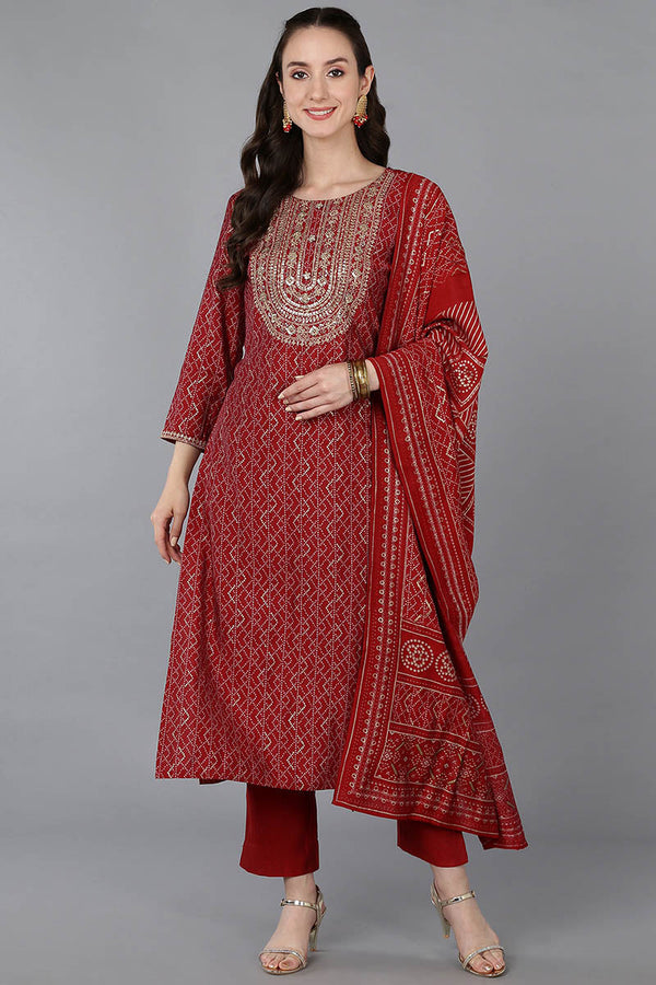 Red Silk Blend Bandhani Print Embroidered Straight Suit Set | WomensFashionFun.com