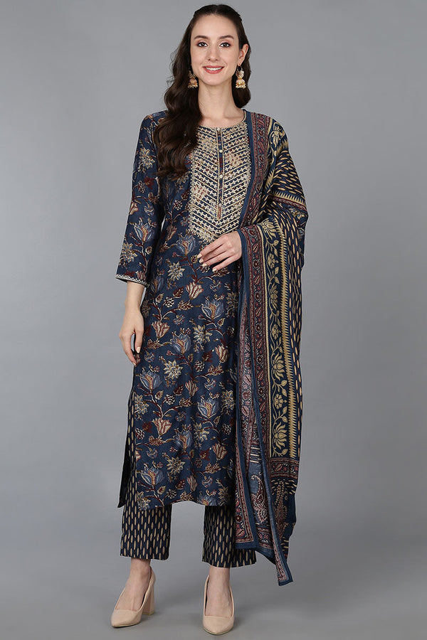 Blue Silk Blend Floral Print Embroidered Straight Suit Set | WomensFashionFun.com