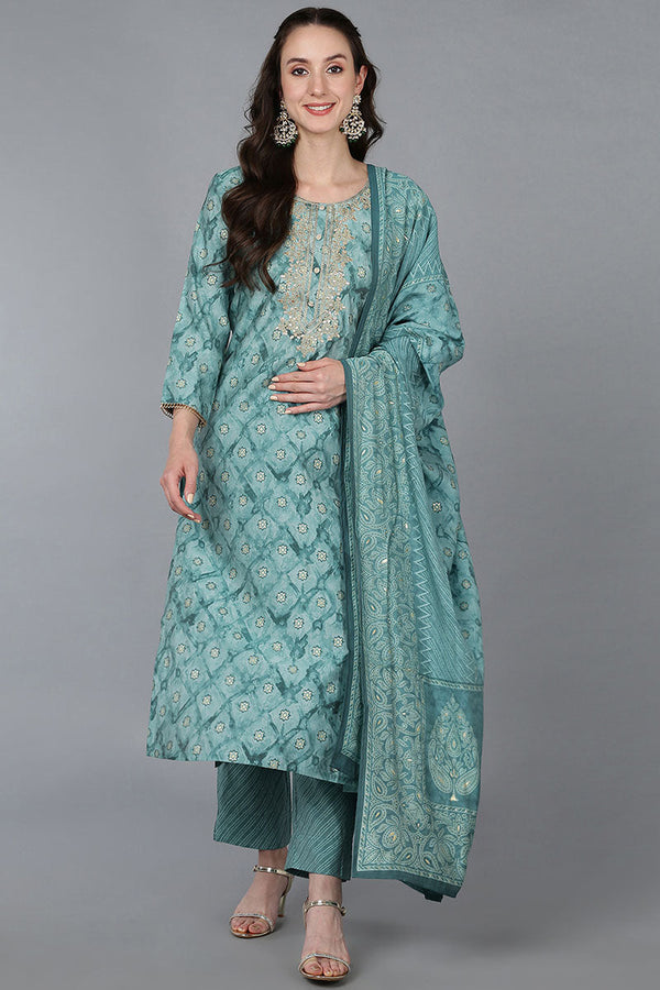 Sea Green Silk Blend Ombre Straight Kurta Trousers With Dupatta | WomensFashionFun.com