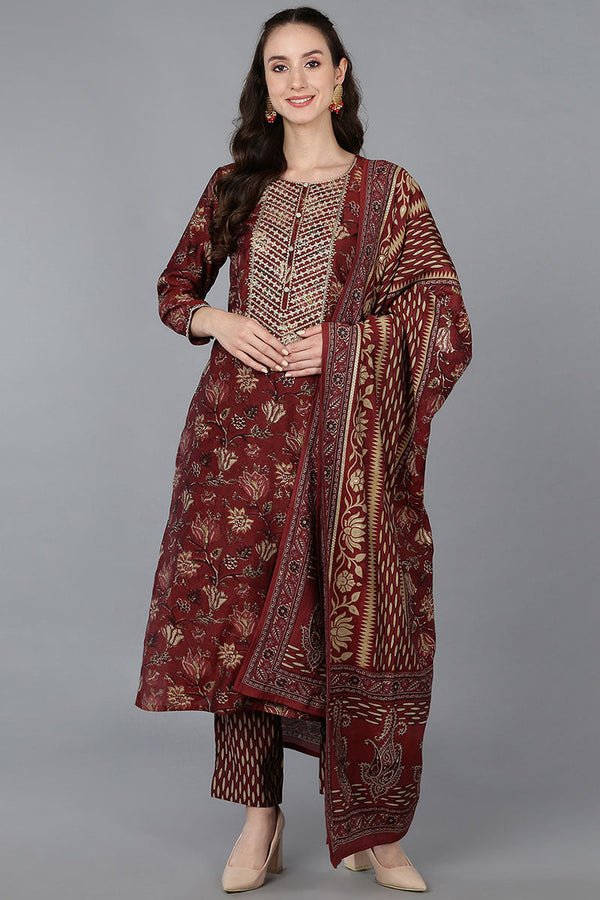 Maroon Silk Blend Floral Straight Kurta Trousers With Dupatta | WomensFashionFun.com