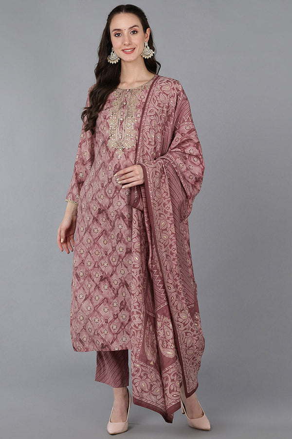 Mauve Silk Blend Ombre Straight Kurta Trousers With Dupatta | WomensFashionFun.com