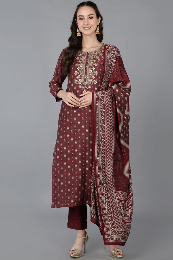 Maroon Silk Blend Geometric Straight Kurta Trousers With Dupatta | WomensFashionFun.com