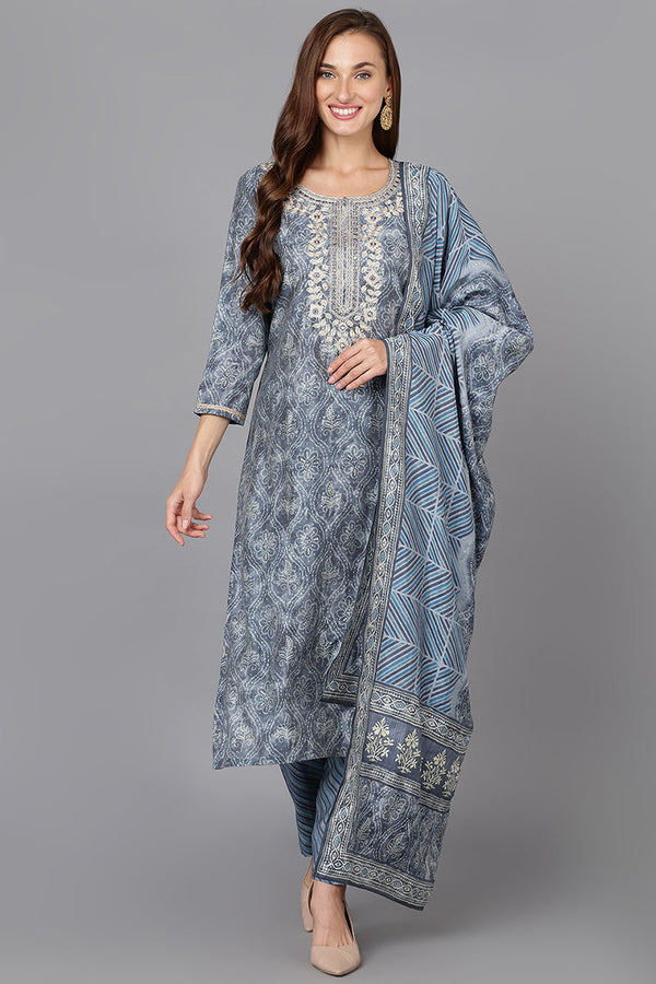 Grey Silk Blend Straight Kurta Pant With Dupatta | WomensFashionFun.com