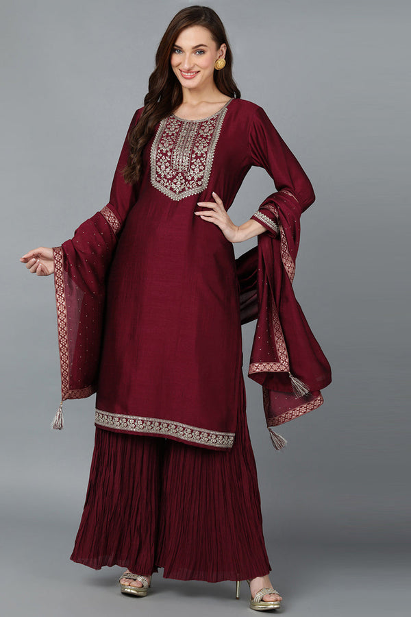 Maroon Silk Blend Yoke Design Kurti Sharara With Dupatta | WomensFashionFun.com