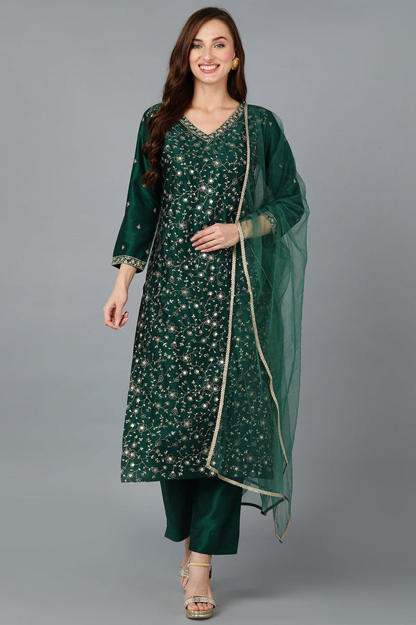 Green Silk Blend Embroidered Kurta Pant With Dupatta | WomensFashionFun.com