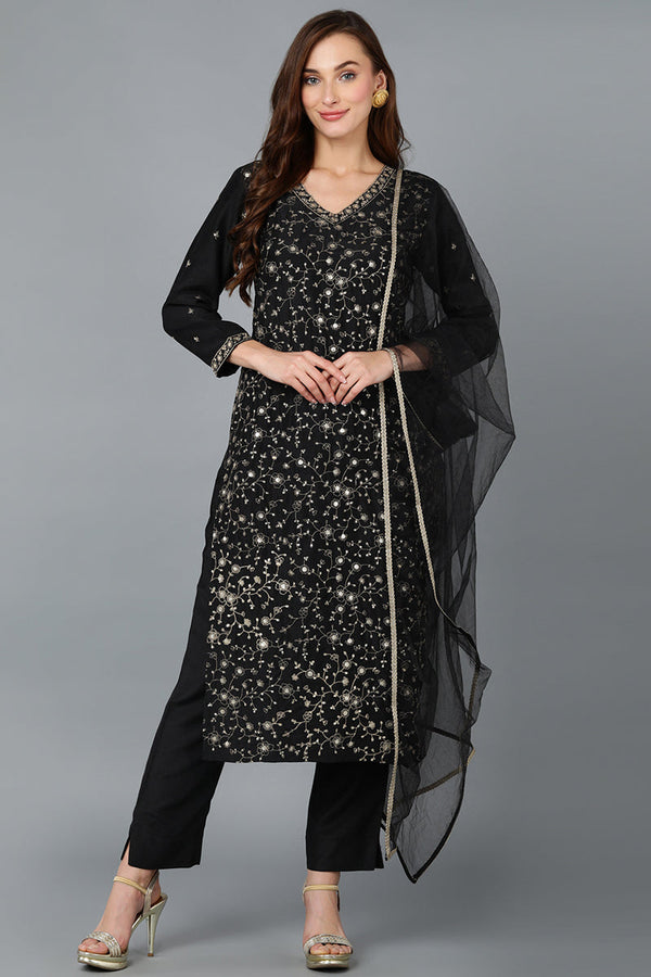 Black Silk Blend Embroidered Kurta Pant With Dupatta | WomensFashionFun.com