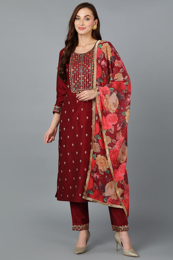 Maroon Silk Blend Embroidered Kurta Pant With Dupatta | WomensFashionFun.com