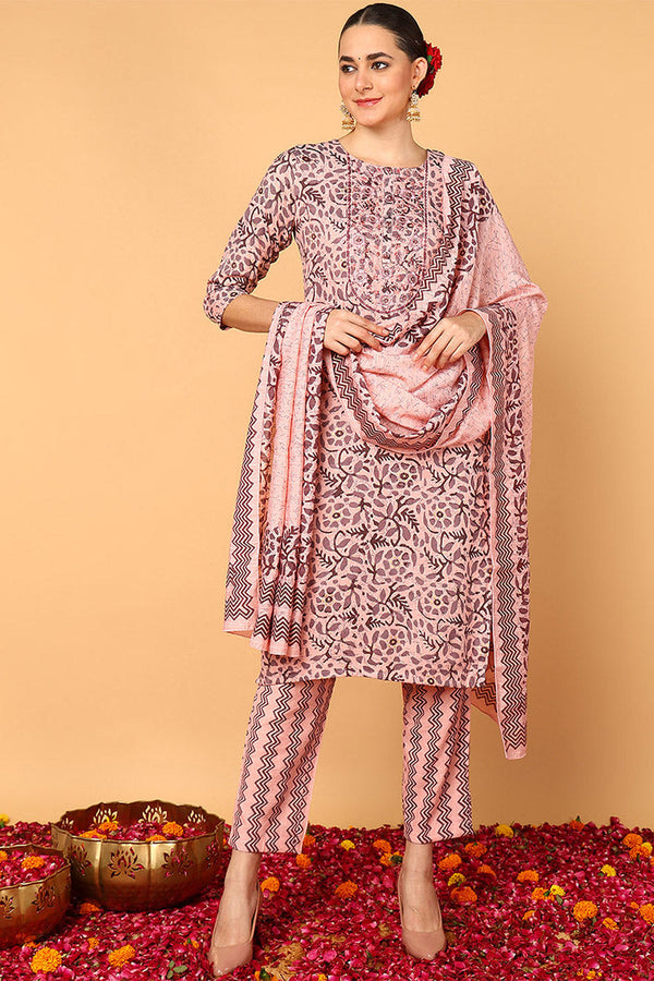 Pink Silk Blend Floral Printed Straight Style Suit Set | WomensFashionFun.com