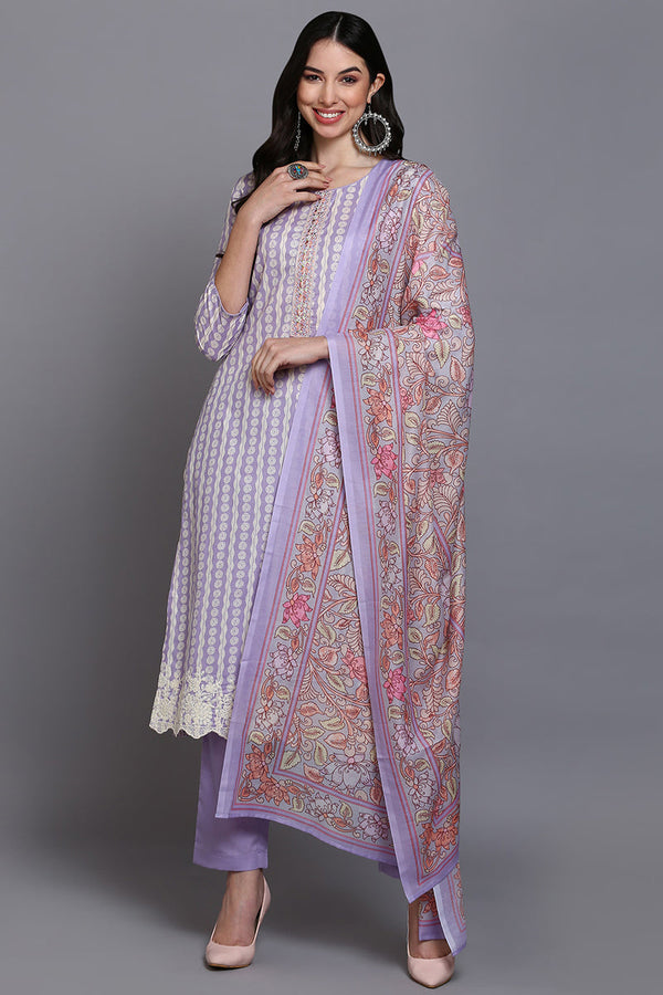 Rayon Lavender Printed Straight Kurta Pant With Dupatta | WomensFashionFun.com